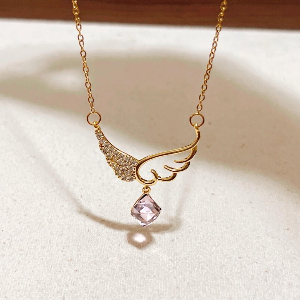 Angle Wing With Dangle Pink Stone Cube Necklace - image 1